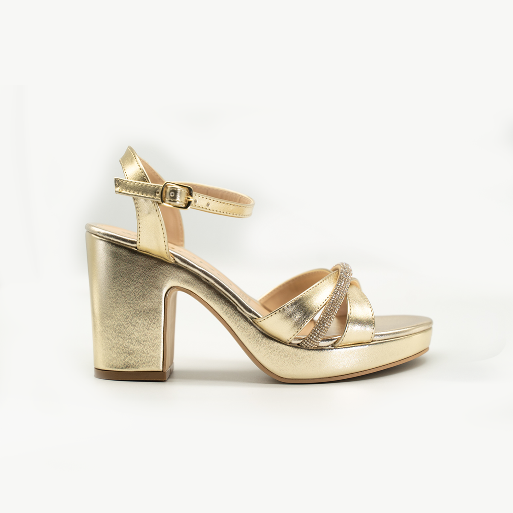 Zapatilla con Plataforma Cómoda Tacón Ancho Dorado-34
