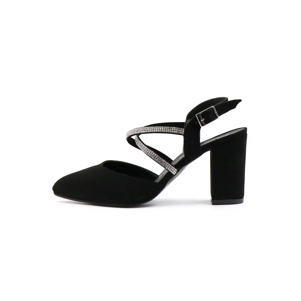 Zapatilla Elegante Puntal Alta  Tacón Ancho Negro -57