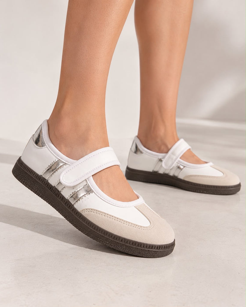 Tenis Flat Estilo Retro Deportivo con Broche 1CM para Mujer-03| Blanco/plata