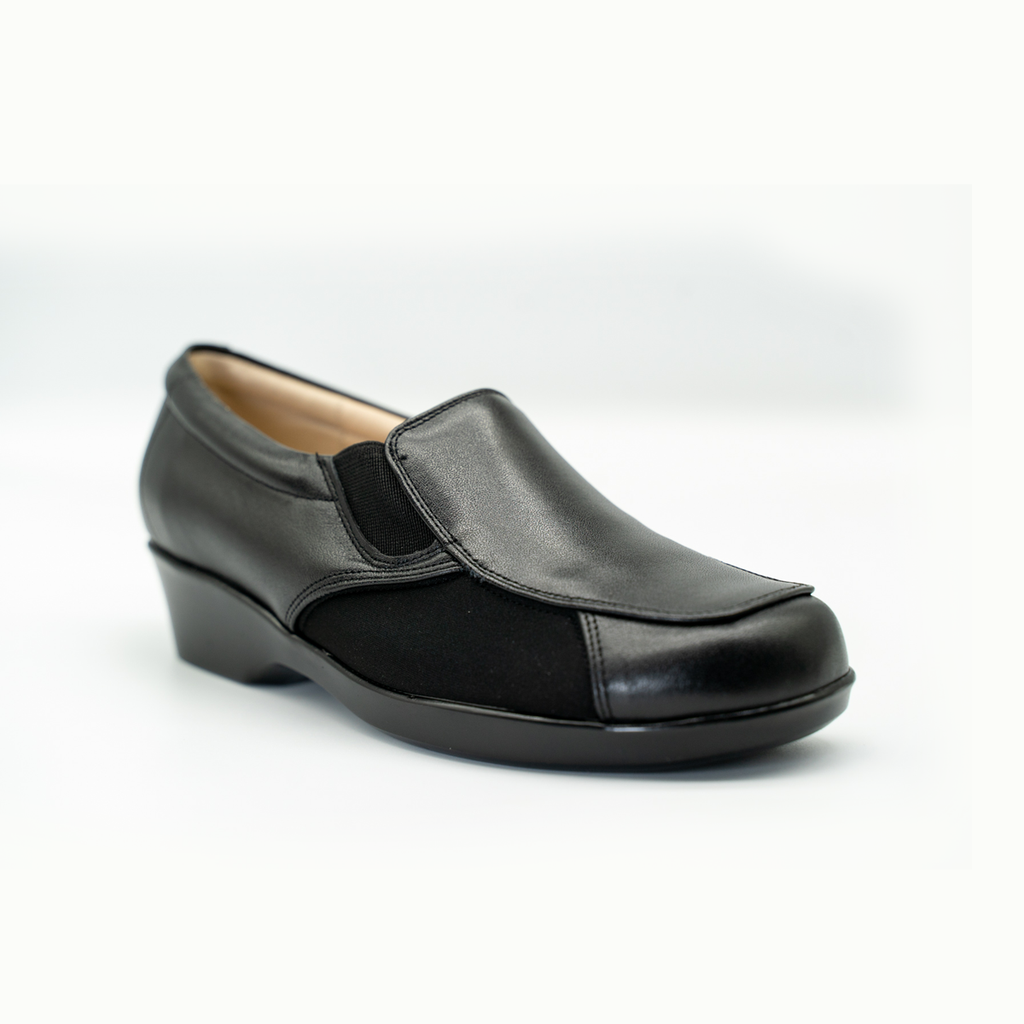 Zapato Confort Amplio Cómodo De Piel Tacon Corrido Negro