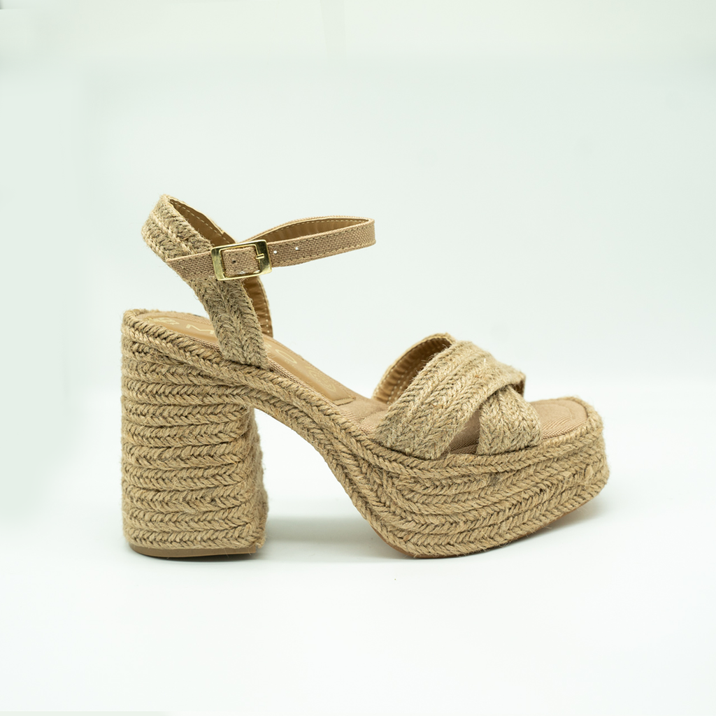 plataforma De yute Cruzada Tacón Ancho - Beige-05
