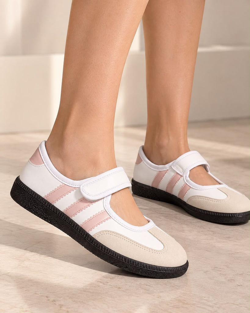 Tenis Flat Estilo Retro Deportivo con Broche 1CM para Mujer-03| Blanco/Rosa