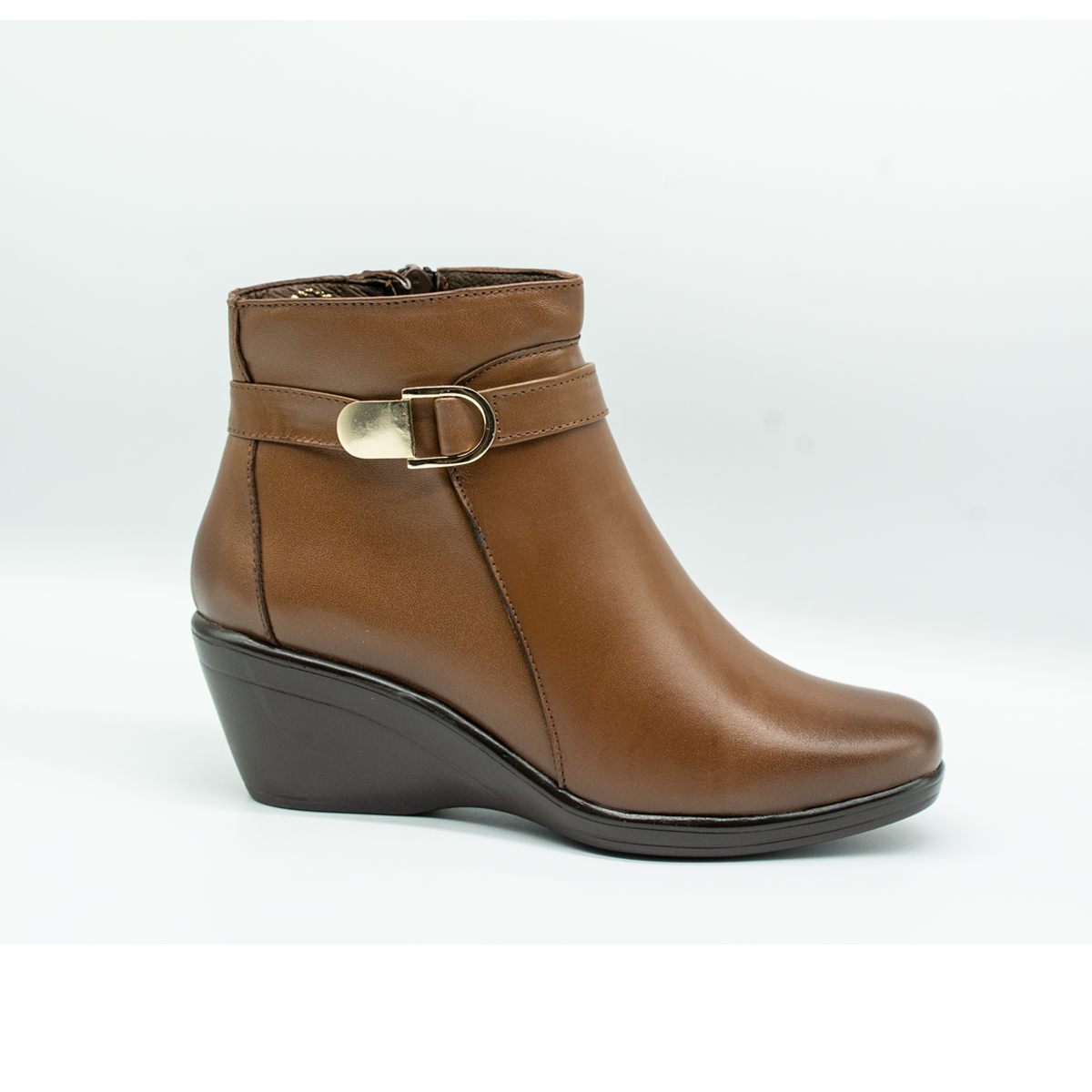 Botín De Piel Con Hebilla Lateral Tacón Corrido Cafe-14