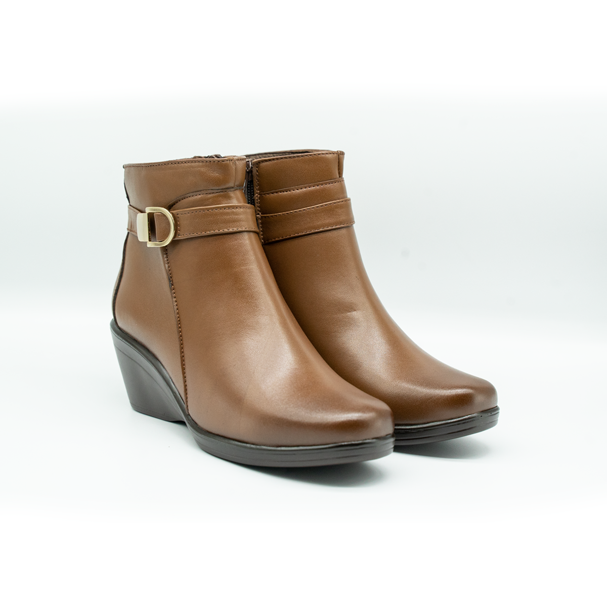 Botín De Piel Con Hebilla Lateral Tacón Corrido Cafe-14