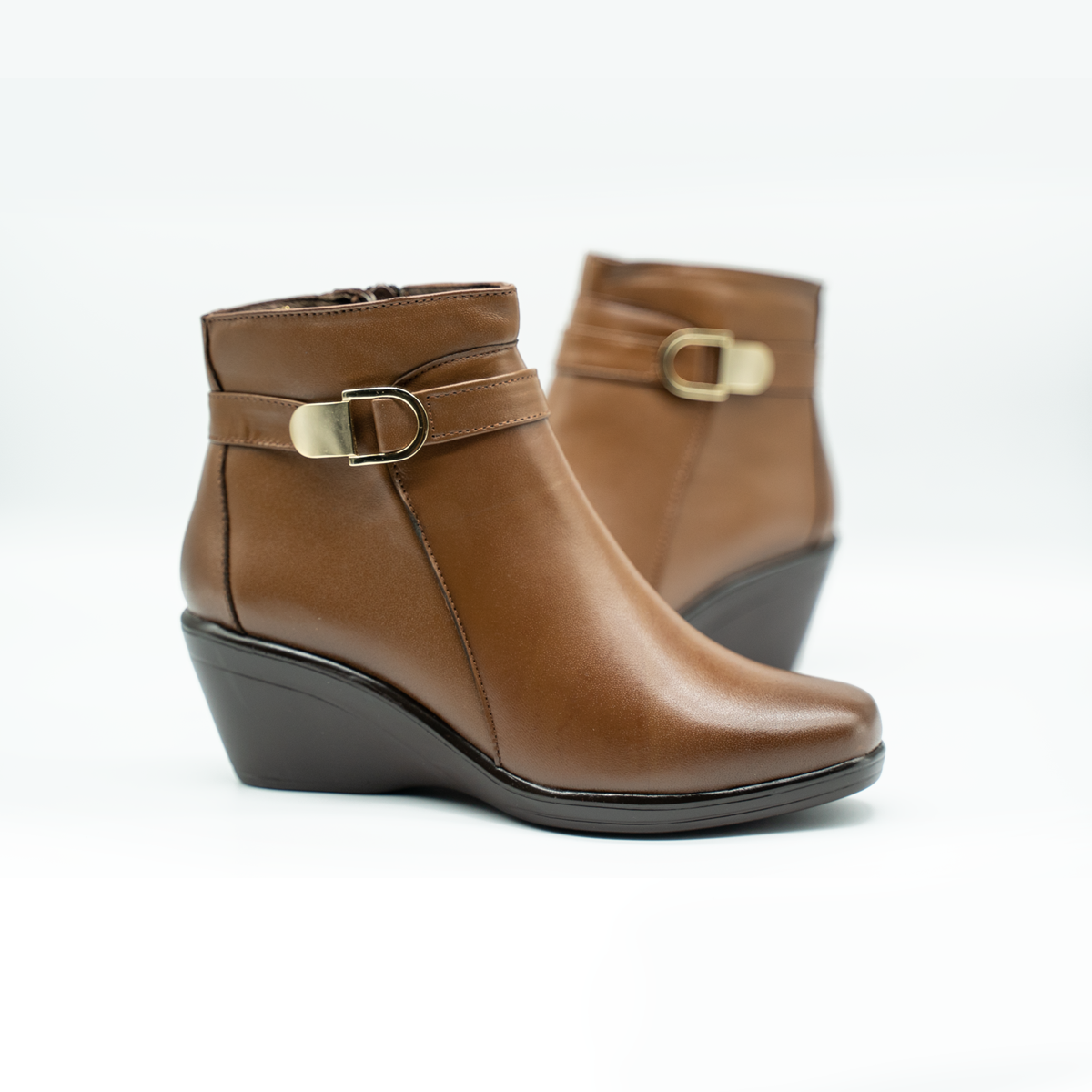 Botín De Piel Con Hebilla Lateral Tacón Corrido Cafe-14