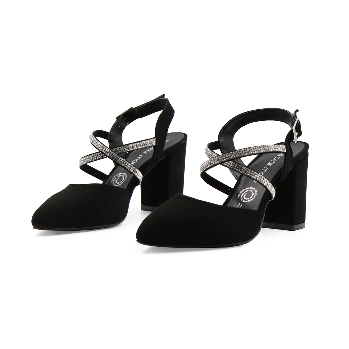 Zapatilla Elegante Puntal Alta  Tacón Ancho Negro -57