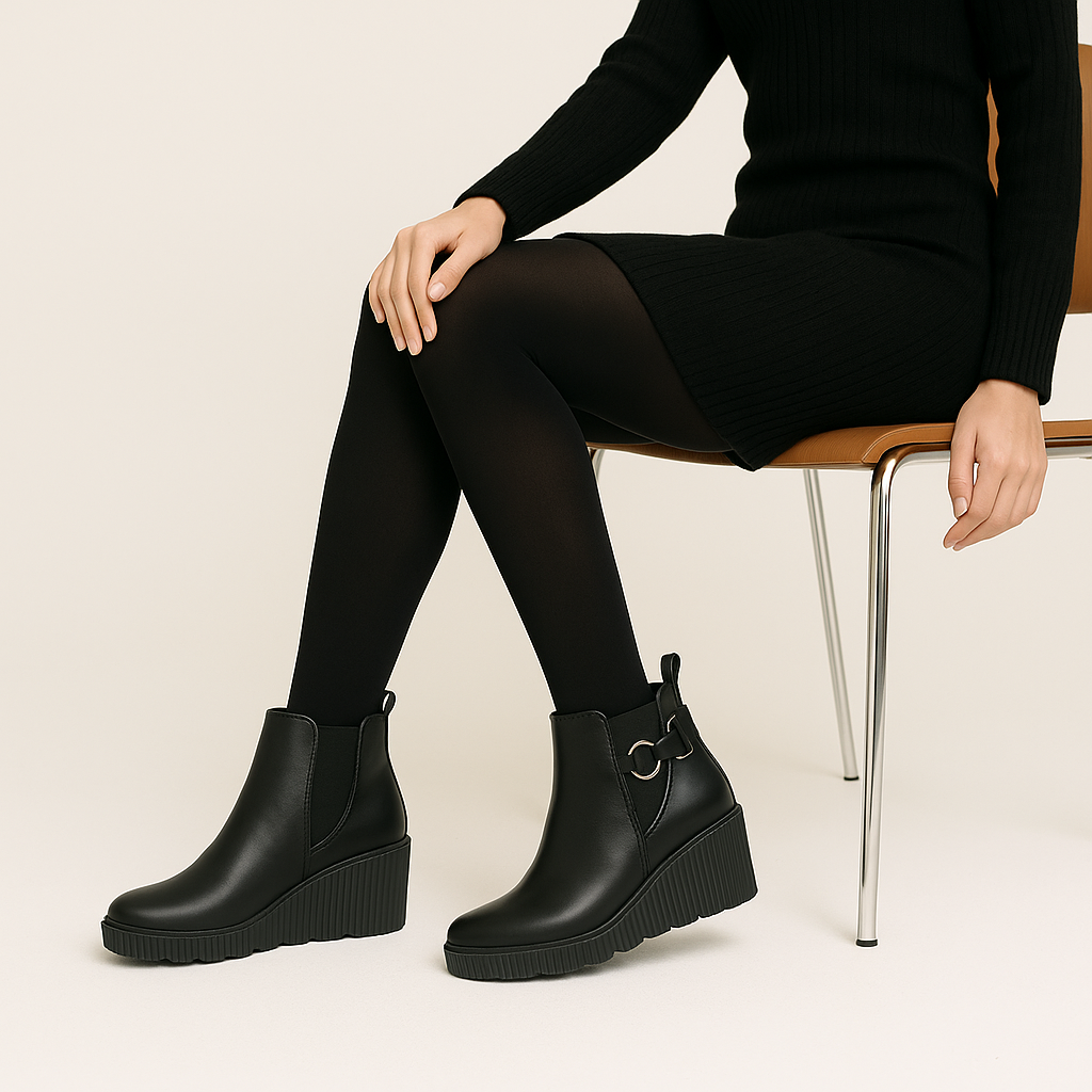 Botín negro con plataforma tipo cuña y hebilla lateral – confort y estilo urbano-Ngro-04