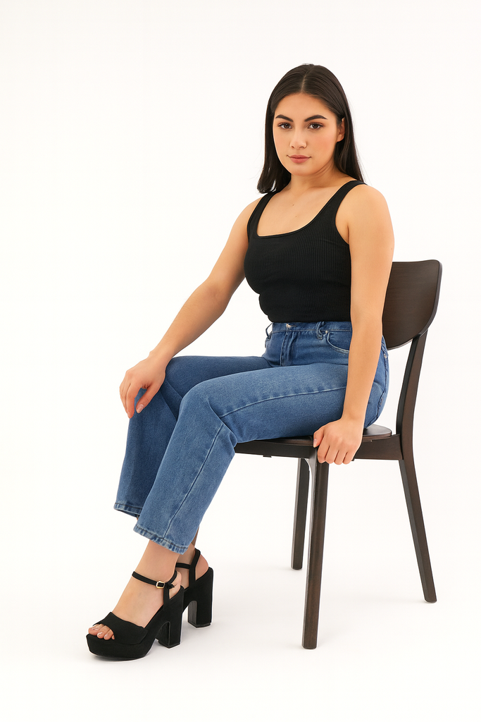 Plataforma Mediana  Abierta Elegante Tacón Ancho Negro-78