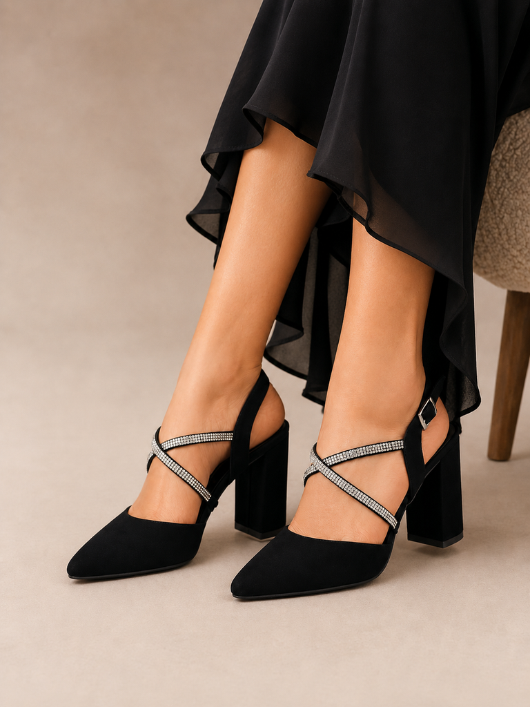 Zapatilla Elegante Puntal Alta Tacón Alto y Ancho para Mujer-57 | Negro
