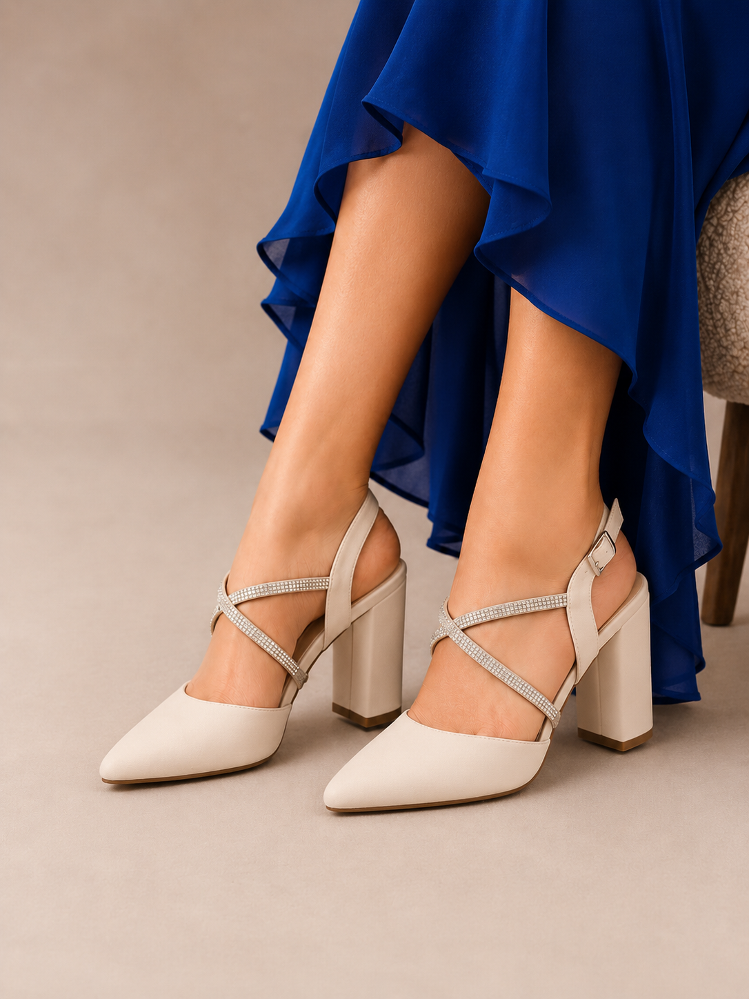 Zapatilla Elegante Puntal Alta Tacón Alto y Ancho para Mujer-57 | Latte