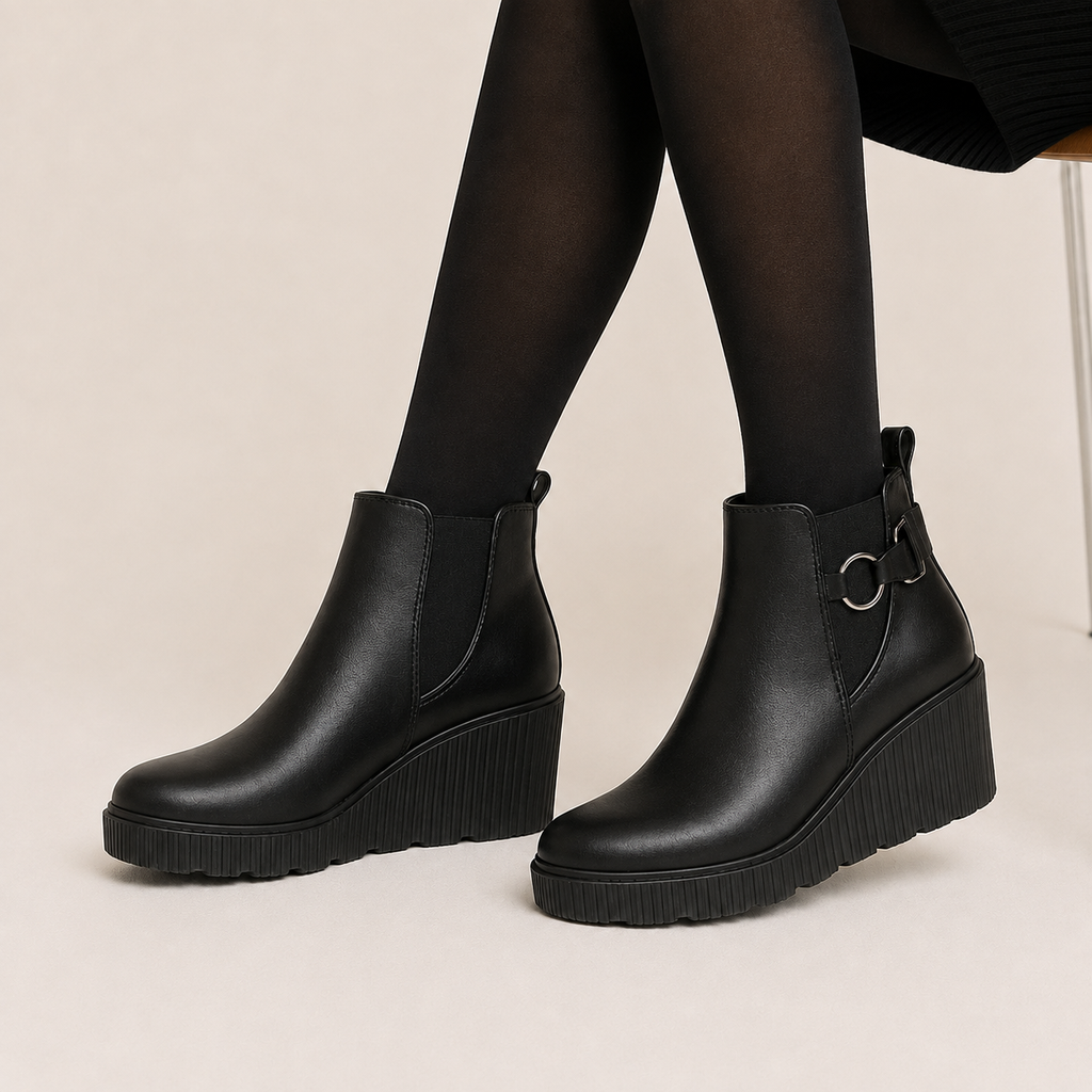Botín Negro Plataforma Cuña con Hebilla Lateral para Mujer