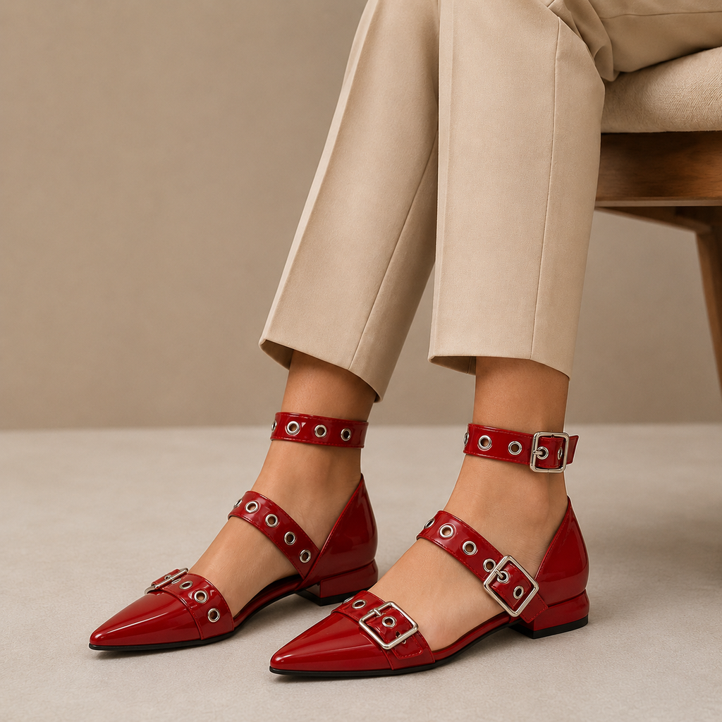 Valerina de Piso Puntal con Doble Hebilla Charol para Mujer | Rojo