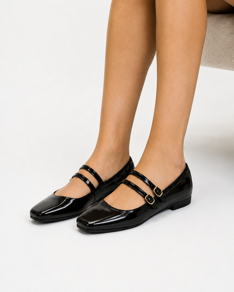 Valerina Cómoda Tacón Bajito Punta Cuadrada para Mujer-10 | Charol Negro