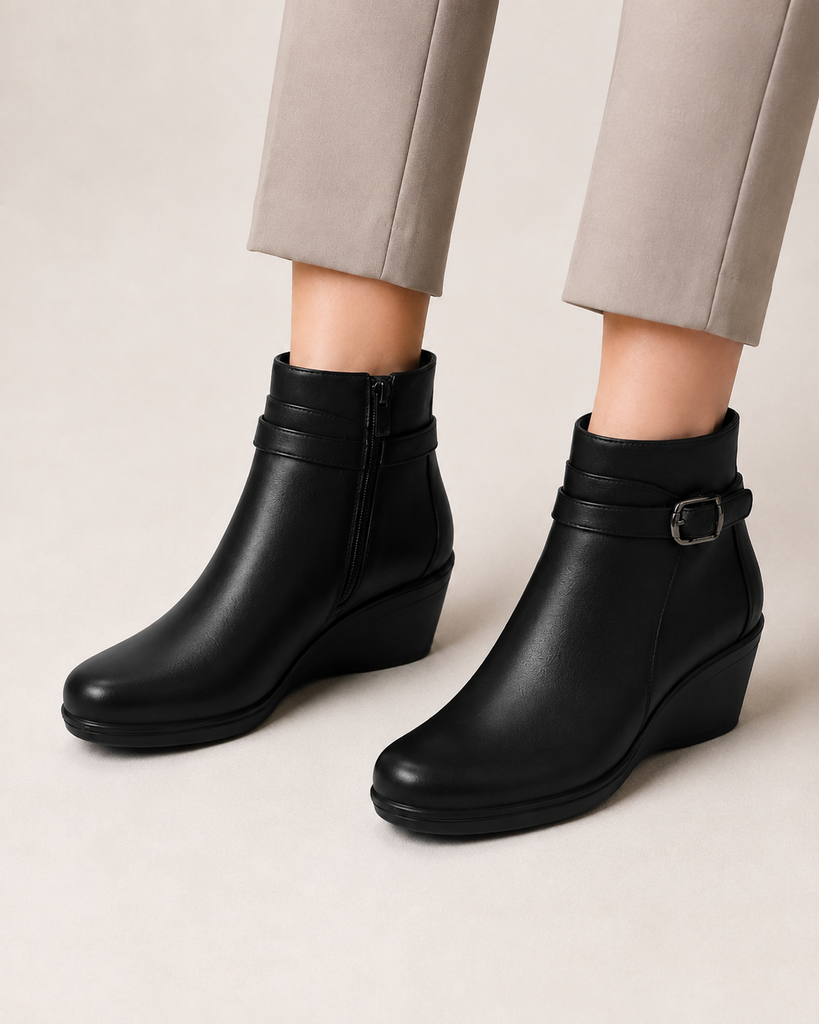 Botín de Piel con Hebilla Lateral Tacón Corrido para Mujer | Negro