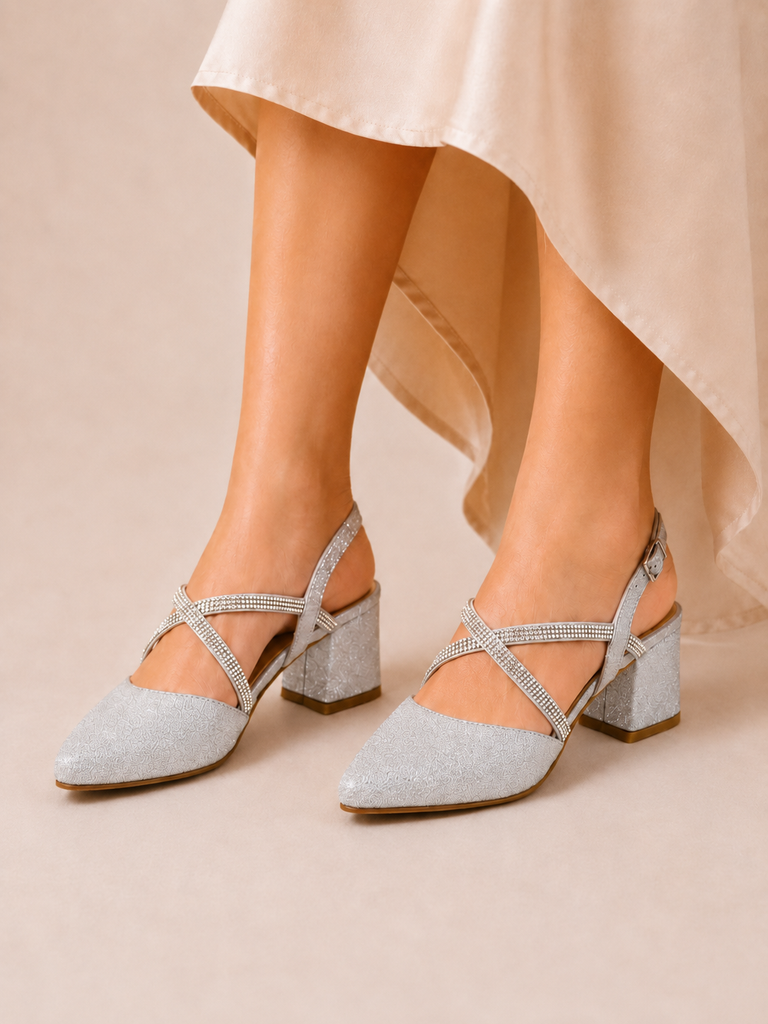 Zapatilla Puntal Cómoda Tacón Ancho Cuadrado Bajo para Mujer-56 | Plata