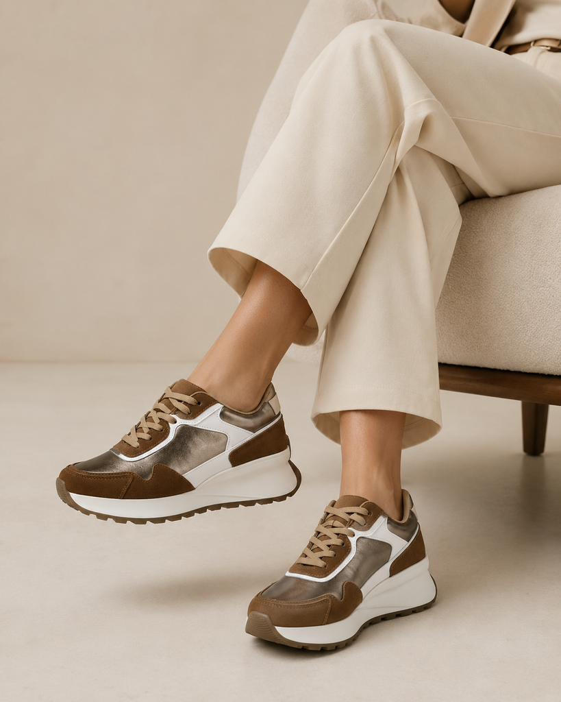 Tenis con Plataforma Corrida Bicolor para Mujer | Latte/Bronce — MORO