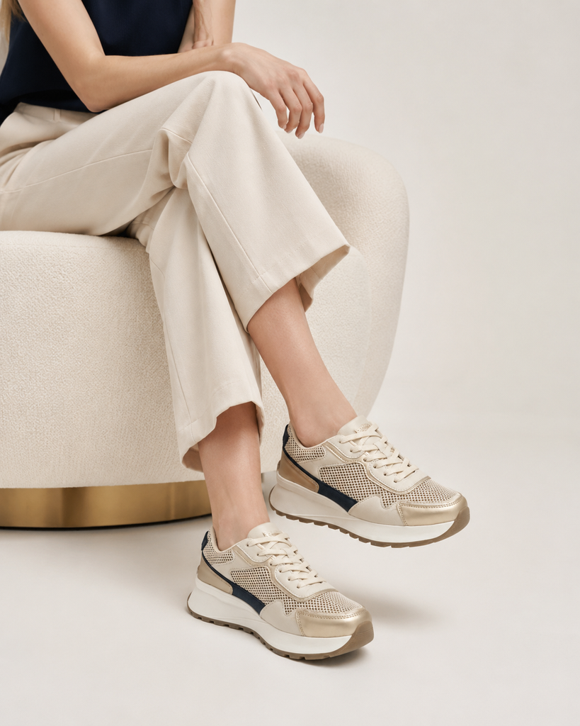 Tenis con Plataforma Corrida Bicolor para Mujer | Latte/Marino — MORO