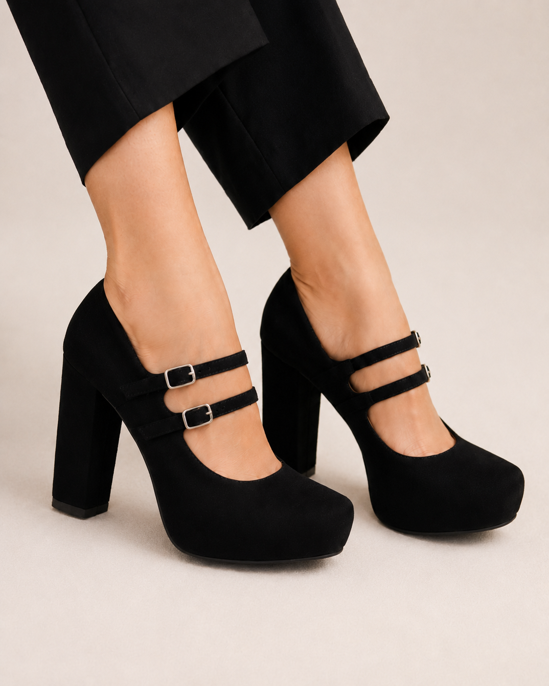 Zapatilla Tacón Alto Y Ancho Negro Doble Hebilla-43