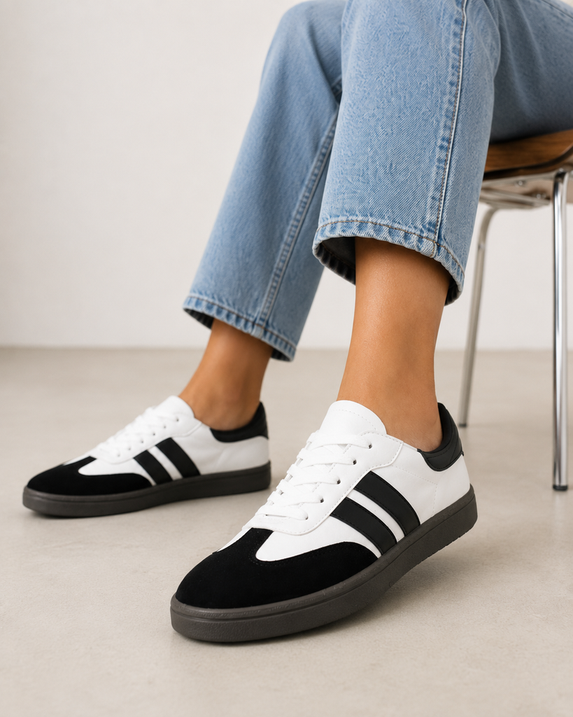 Tenis Casual de Rayas Cómodo para Mujer-02 | Blanco/Negro