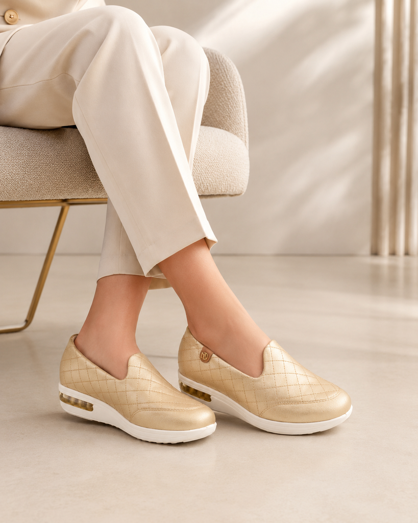 Zapato Confort Tacón Corrido con Detalle Dorado para Mujer-20 | Dorado