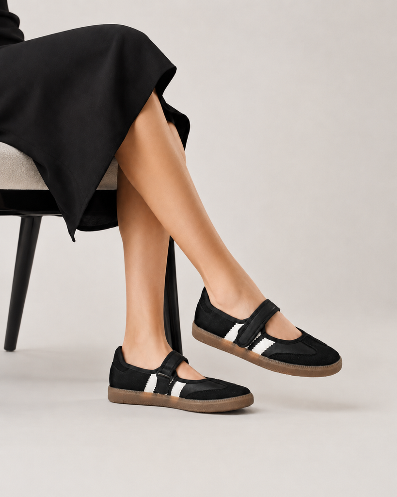 Tenis Flat Estilo Retro Deportivo con Broche para Mujer-01 | Negro — MORO