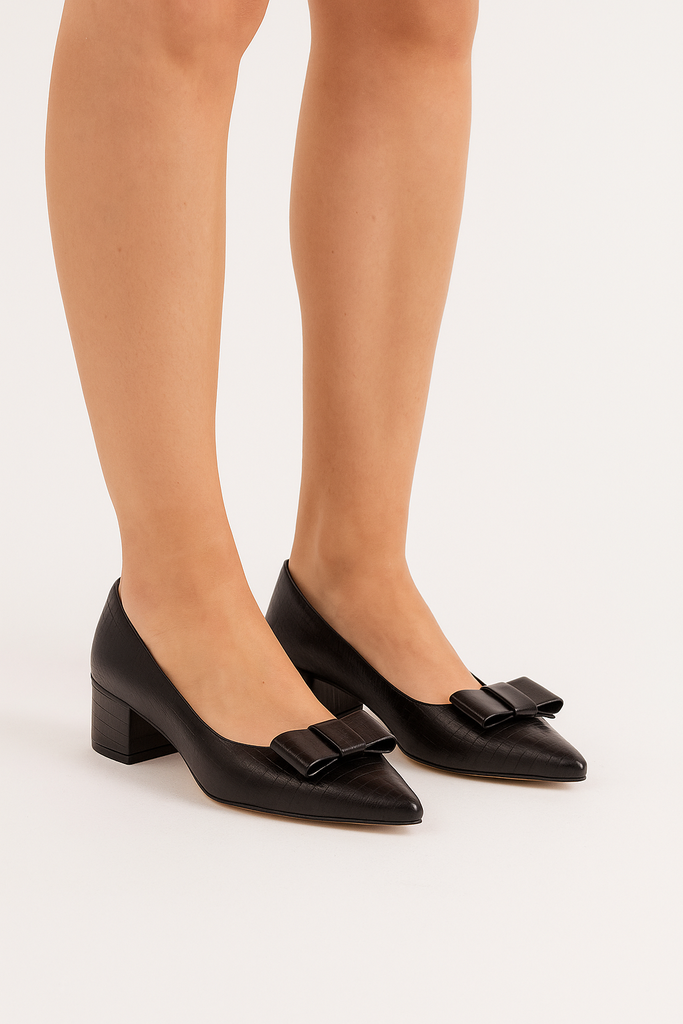zapatilla Bajita Puntal Brillante  de Tacón Ancho- Negro -10