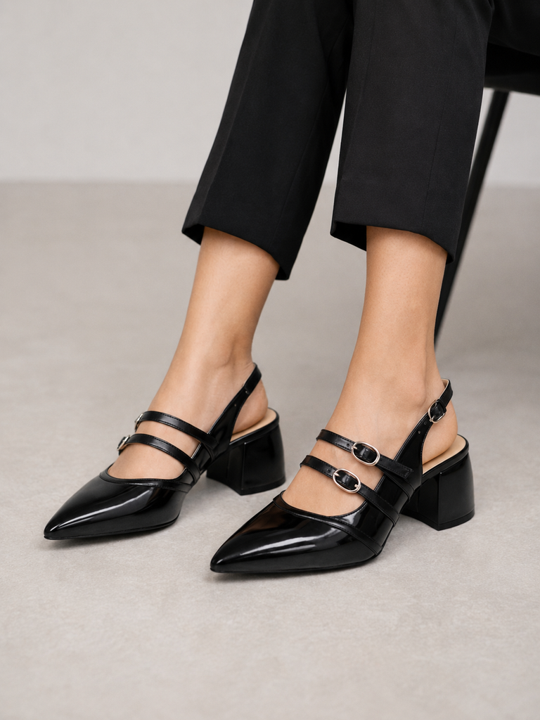 Zapatilla Slingback Charol con Doble Hebilla para Mujer-37 | Negro