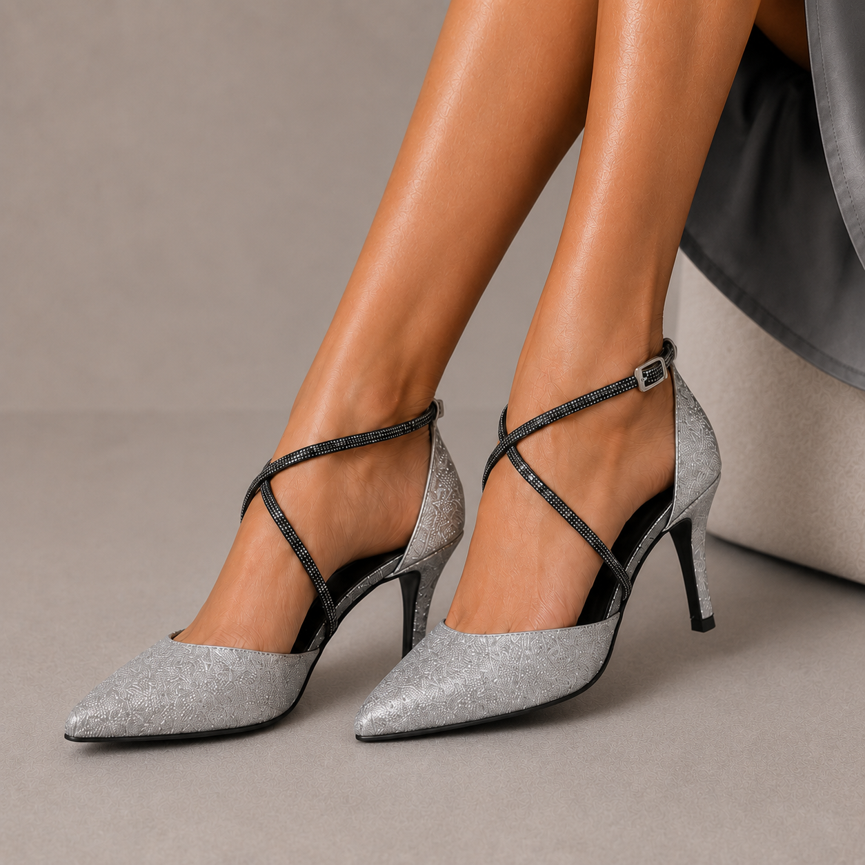 Zapatilla Puntal de Tiras con Pedrería Tacón Fino para Mujer-25 | Inox