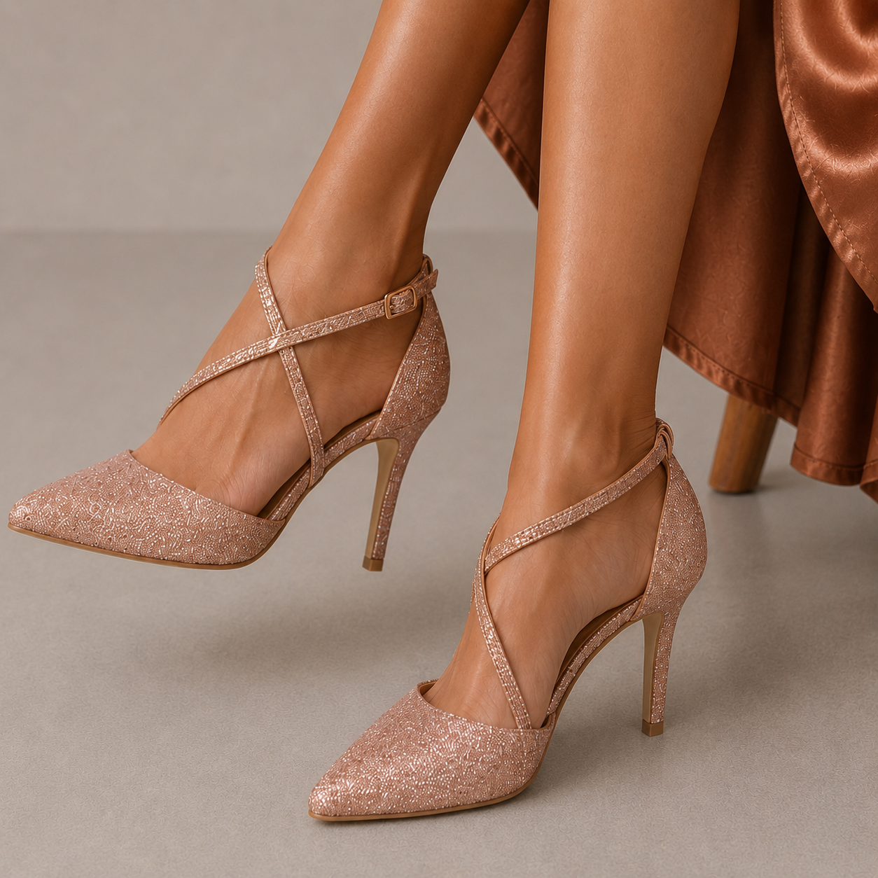Zapatilla Puntal de Tiras con Pedrería Tacón Fino para Mujer-25 | Oro Rosado