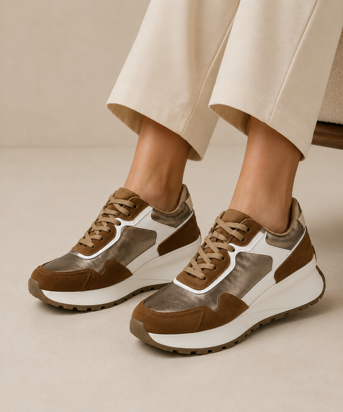 Tenis con Plataforma Corrida Bicolor para Mujer-72 | Latte/Bronce