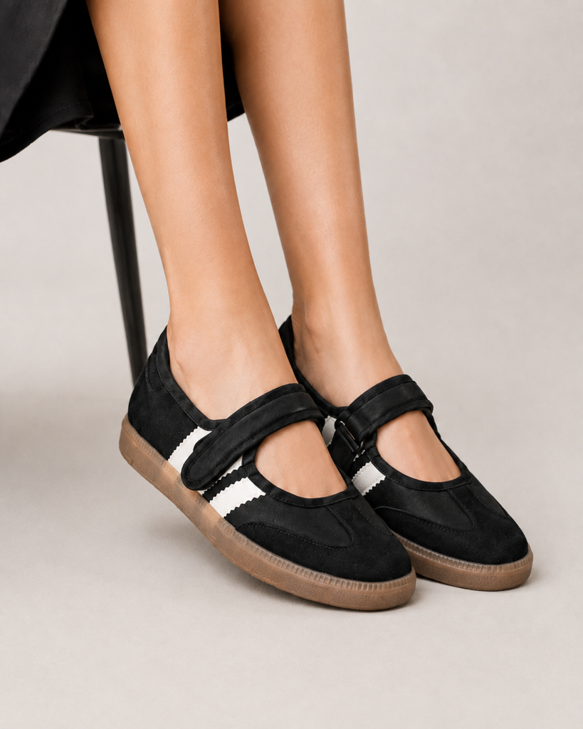 Tenis Flat Estilo Retro Deportivo con Broche para Mujer-01 | Negro