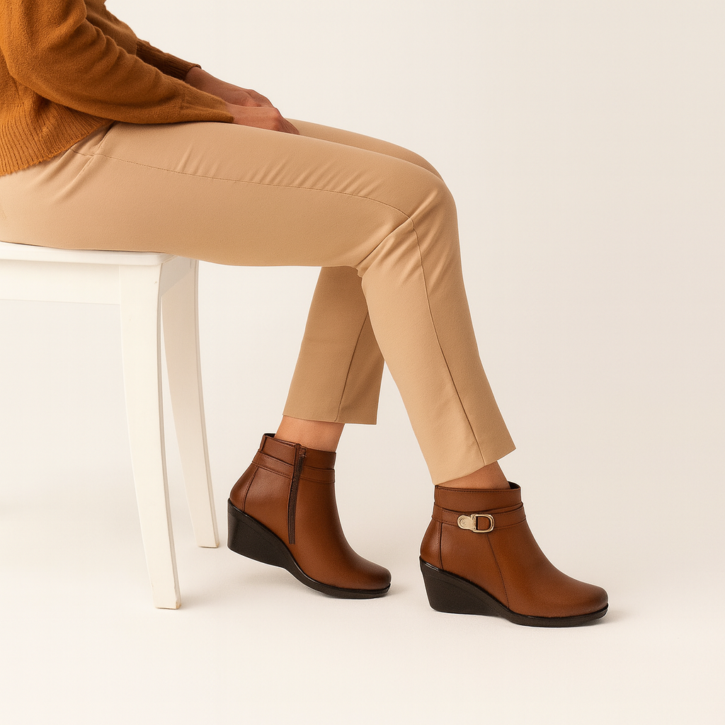 Botín De Piel Con Hebilla Lateral Tacón Corrido Cafe-14
