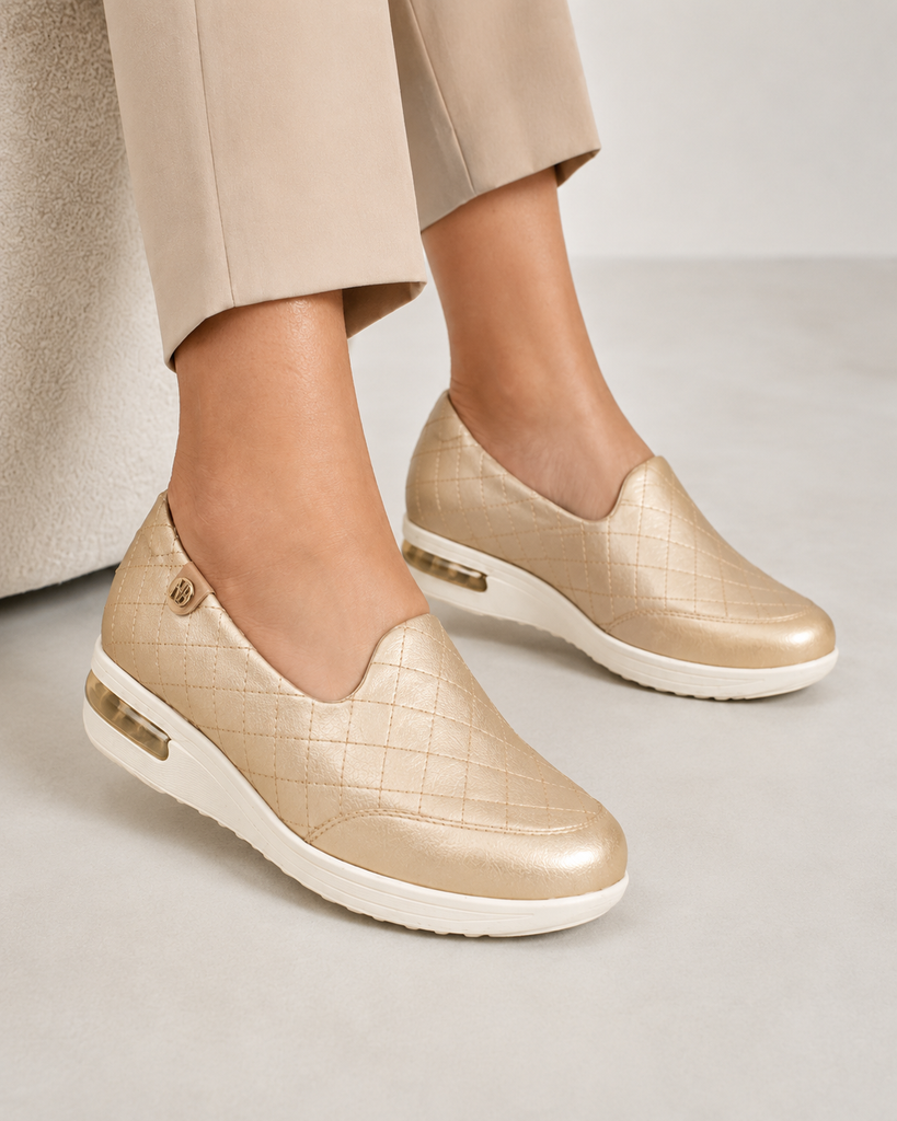 Zapato Confort Tacón Corrido con Detalle Dorado para Mujer-20 | Dorado