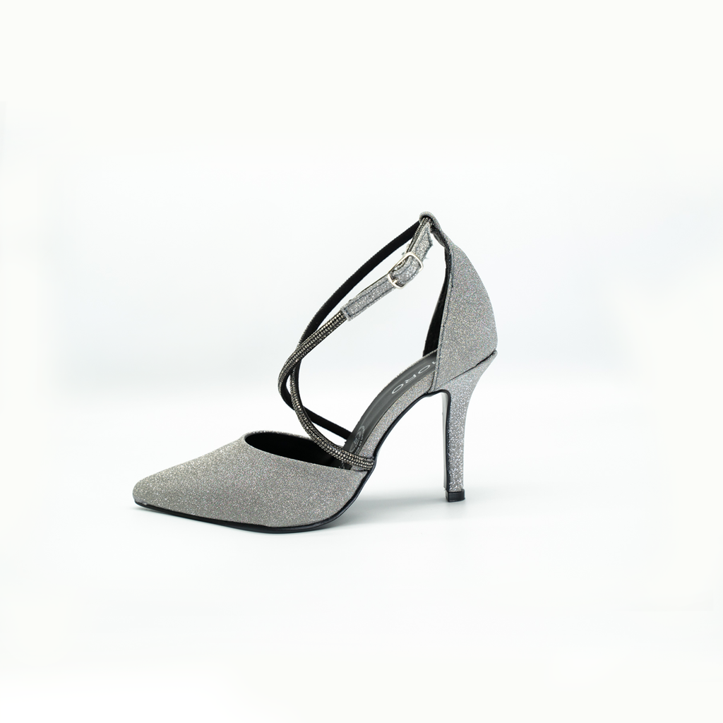 Zapatilla Puntal Elegante De Tiras Con Pedrería Tacón Fino Inox-25