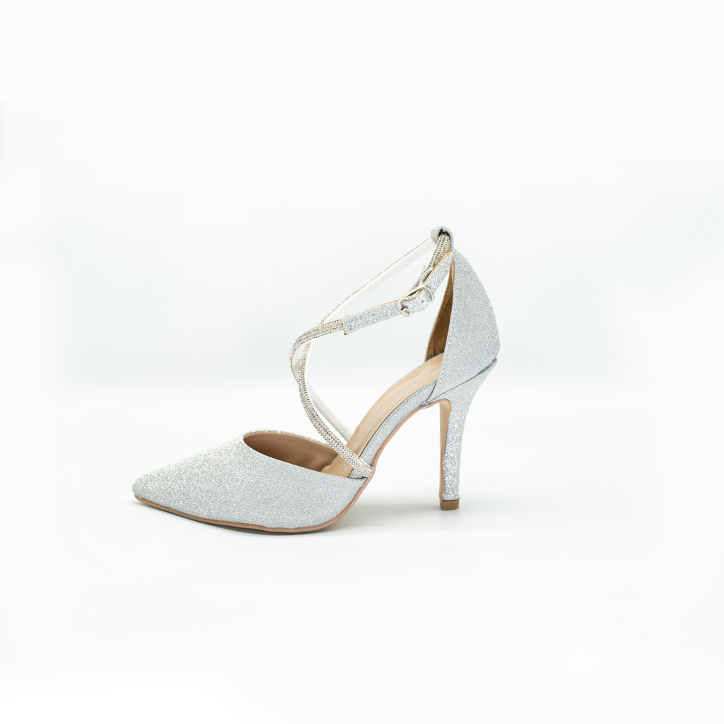 Zapatilla Puntal Elegante De Tiras Con Pedrería Tacón Fino Plateado-25