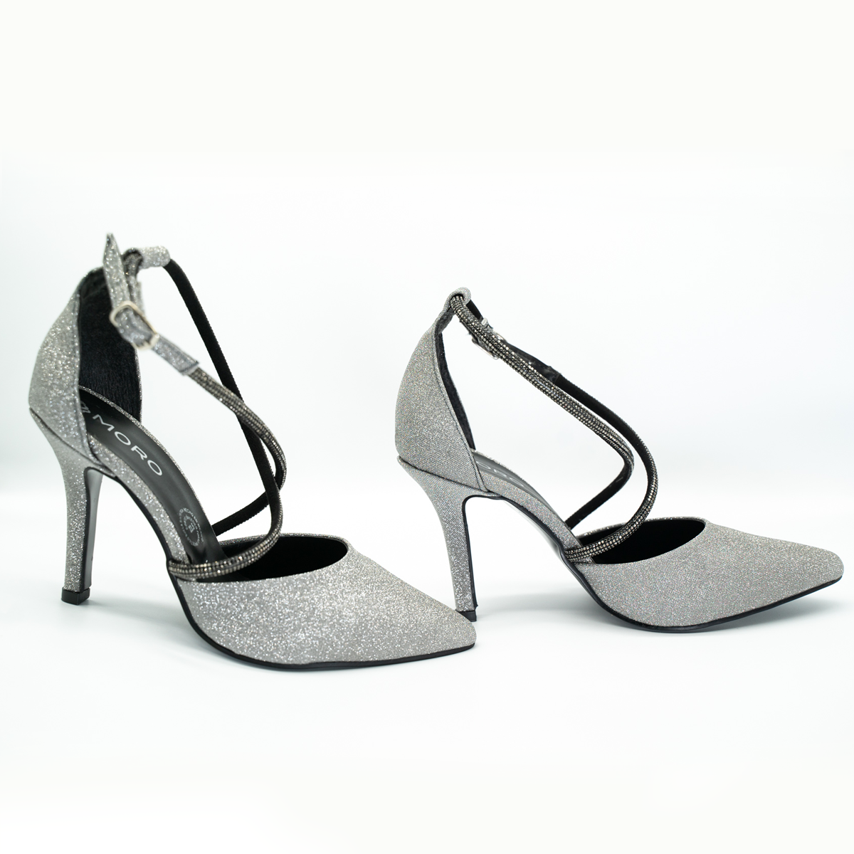 Zapatilla Puntal Elegante De Tiras Con Pedrería Tacón Fino Inox-25