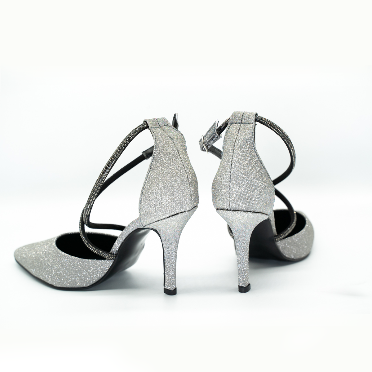 Zapatilla Puntal Elegante De Tiras Con Pedrería Tacón Fino Inox-25