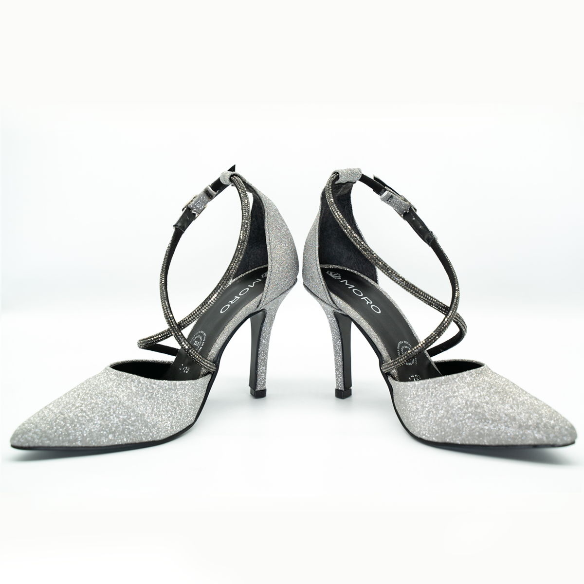 Zapatilla Puntal Elegante De Tiras Con Pedrería Tacón Fino Inox-25