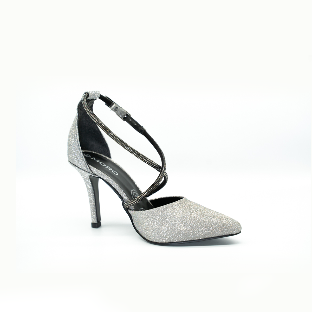 Zapatilla Puntal Elegante De Tiras Con Pedrería Tacón Fino Inox-25