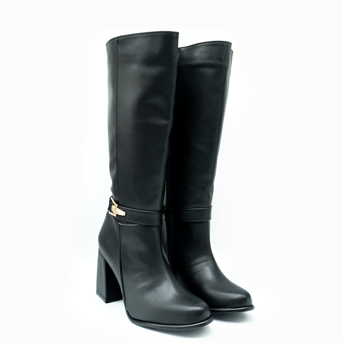 Bota alta con tacón ancho y hebilla metálica – estilo elegante y moderno-Ngro-18