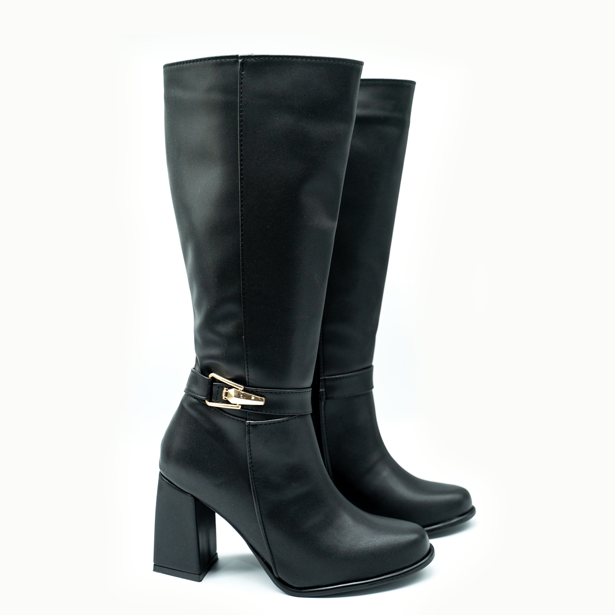 Bota alta con tacón ancho y hebilla metálica – estilo elegante y moderno-Ngro-18