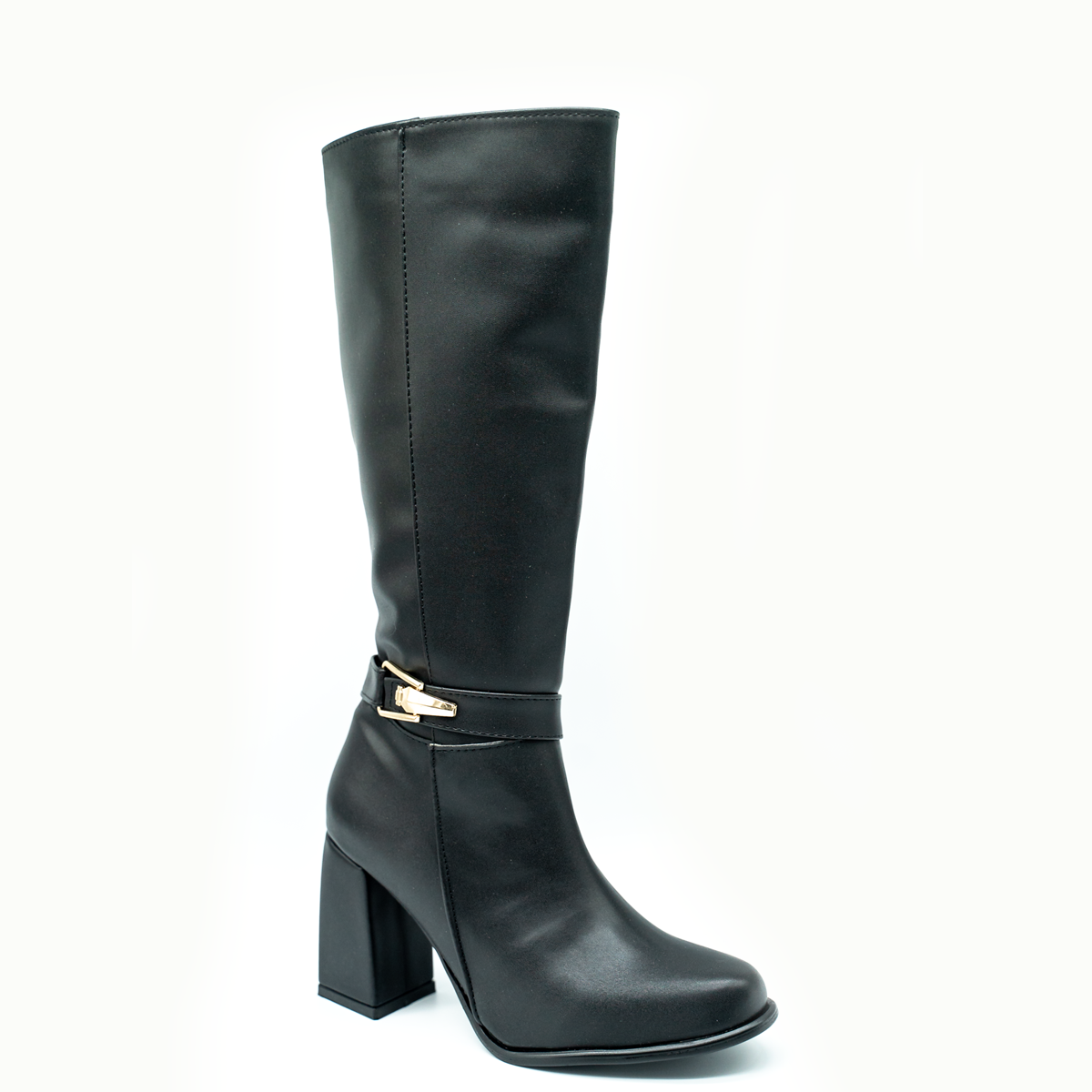 Bota alta con tacón ancho y hebilla metálica – estilo elegante y moder ...