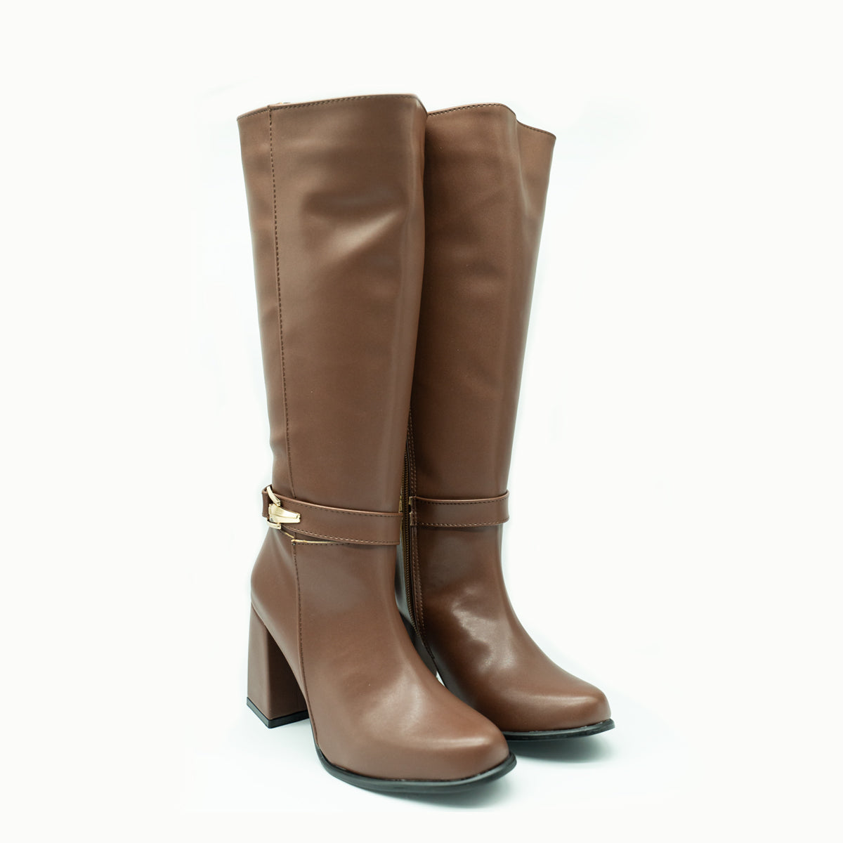 Bota alta con tacón ancho y hebilla metálica – estilo elegante y moderno-Cafe-18