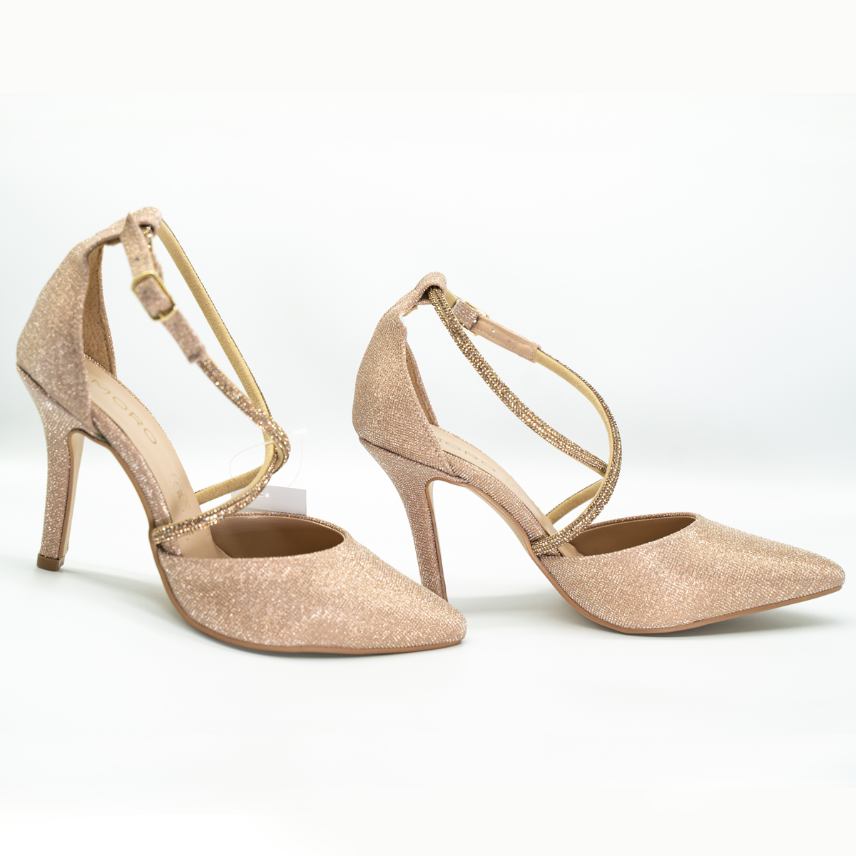 Zapatilla Puntal Elegante De Tiras Con Pedrería Tacón Fino Oro Ingles -25
