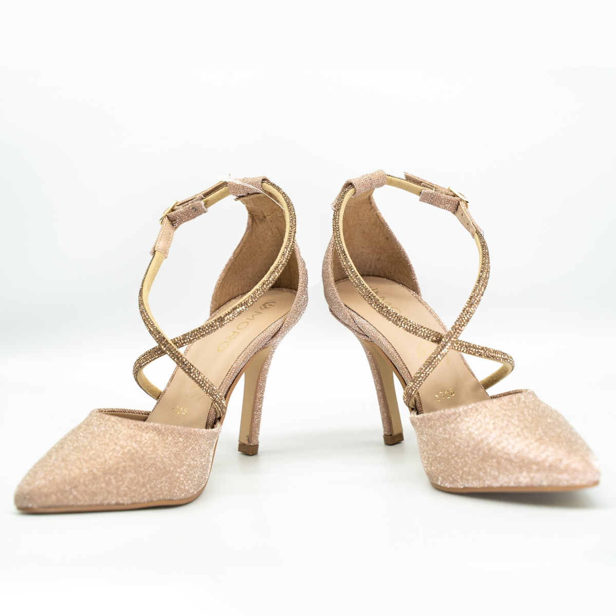 Zapatilla Puntal Elegante De Tiras Con Pedrería Tacón Fino Oro Ingles -25