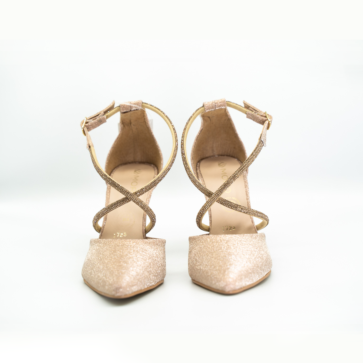Zapatilla Puntal Elegante De Tiras Con Pedrería Tacón Fino Oro Ingles -25