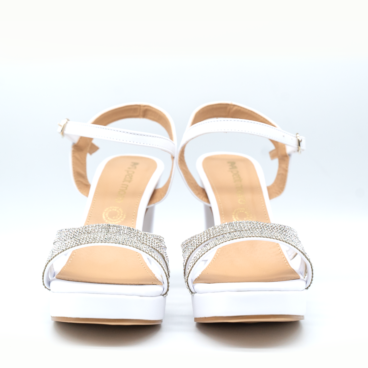 Sandalias de tacón ancho con pedrería brillante – Plataforma alta y pulsera ajustable- Blanco-45