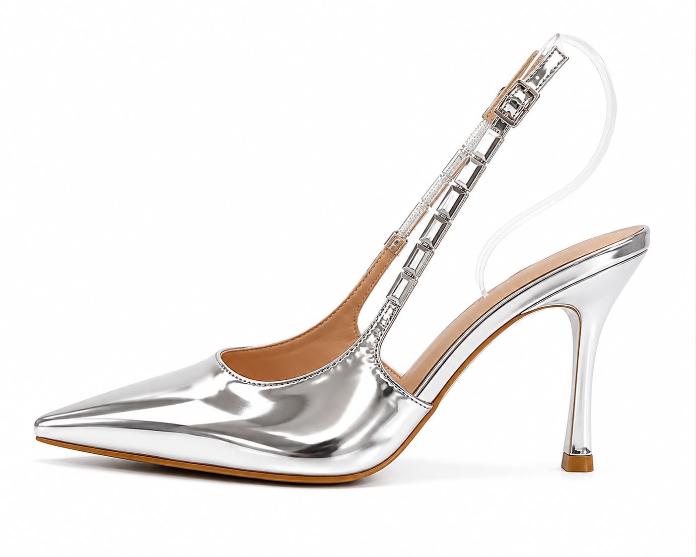 Stiletto Tipo Espejo Plateado Con Tira De Pedreria 08