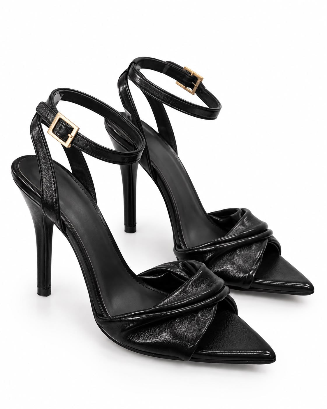 Zapatilla Negra De Tacón Alto Y Punta Fina, Con Tiras Cruzadas Al Frente Y Pulsera Ajustable