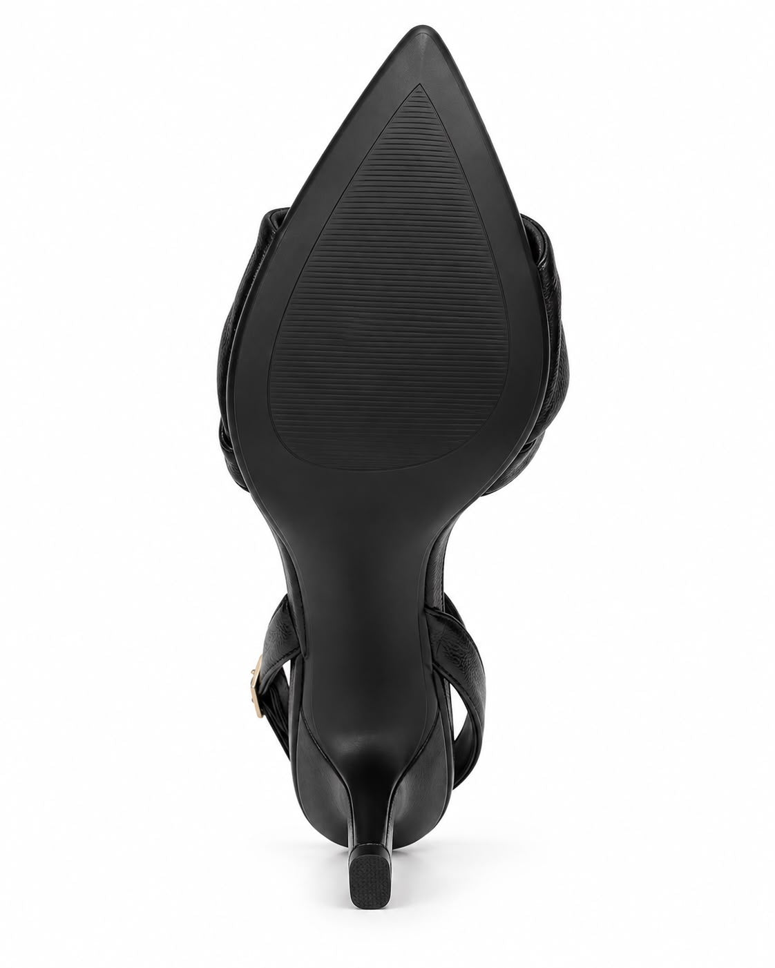 Zapatilla Negra De Tacón Alto Y Punta Fina, Con Tiras Cruzadas Al Frente Y Pulsera Ajustable